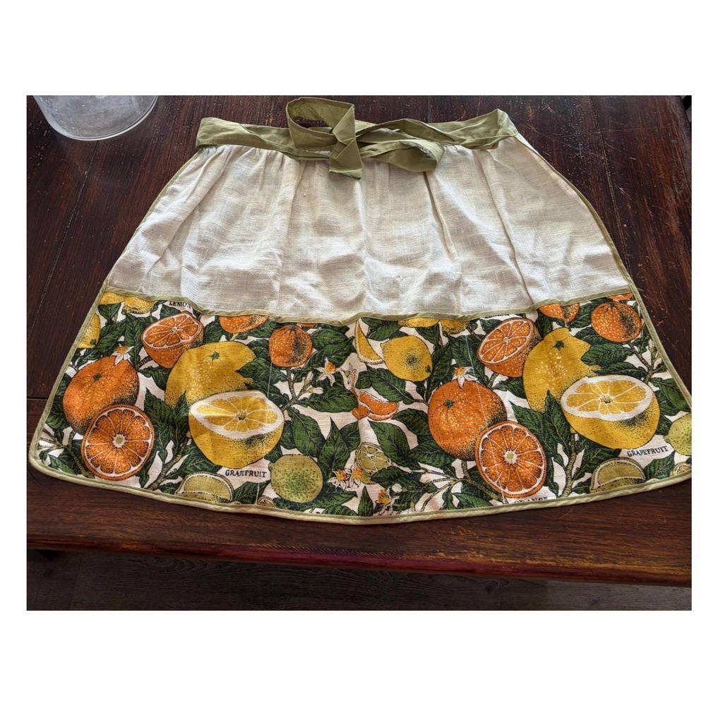 Vintage‎ Citrus Fruit Botanical Print Linen Half Apron Orange Lemon Grapefruit